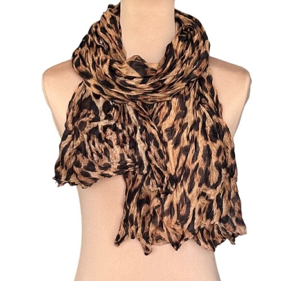 NEW Leopard Print Scarf Brown Black Crinkle Fabric Lightweight Animal Print - Picture 1 of 10